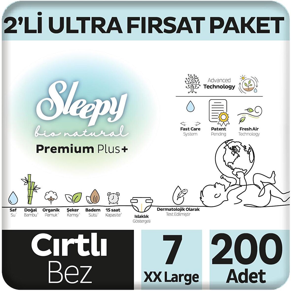 Sleepy Bio Natural Premium Plus 2'li Ultra Fırsat Paketi Bebek Bezi 7 Numara Xxlarge 200 Adet