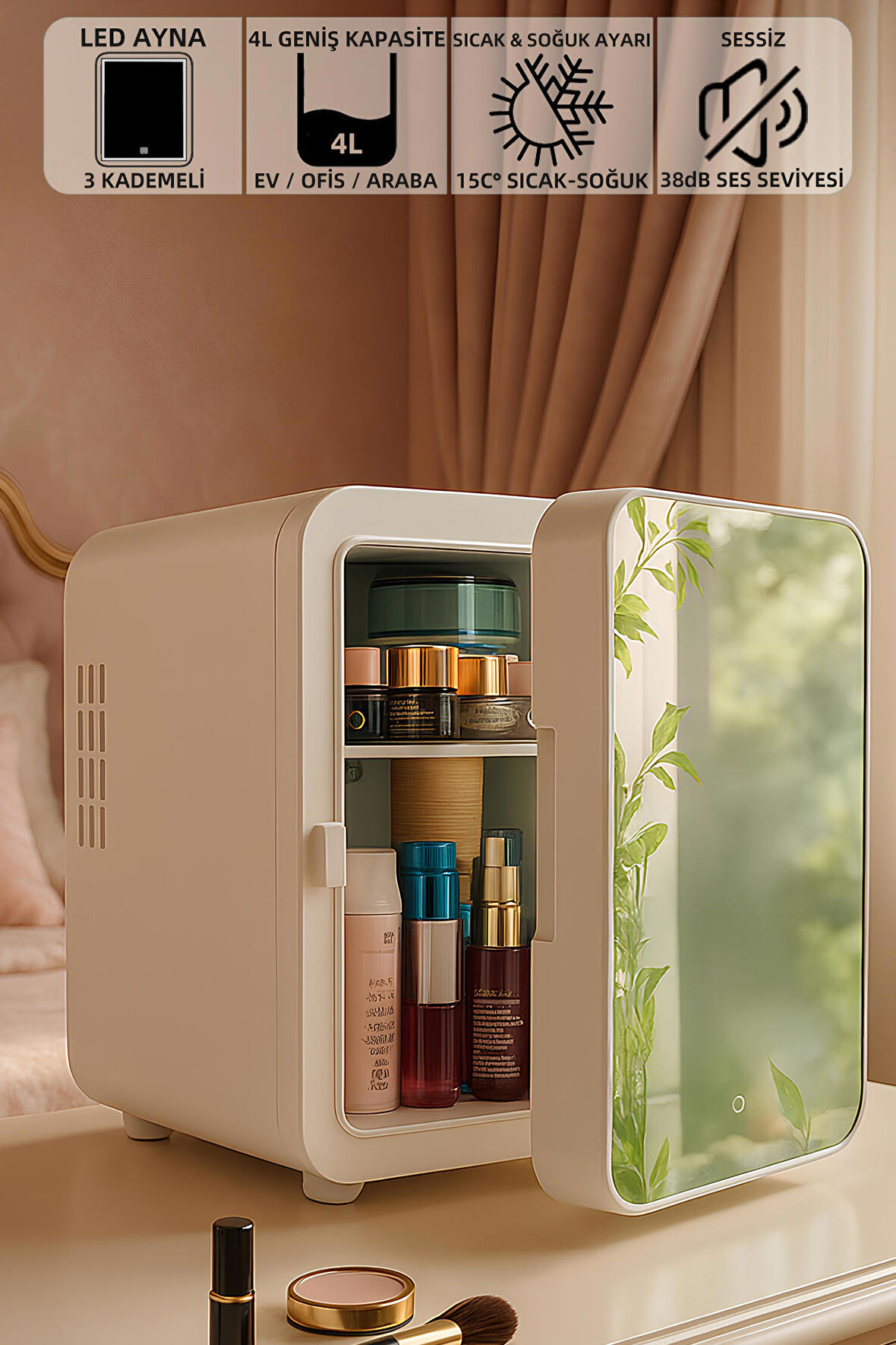 Mioji Mio 212 4L LED Işıklı Kozmetik Makyaj Krem Sıcak ve Soğuk Ayarlı Taşınabilir Mini Fridge Buzdolabı - Beyaz