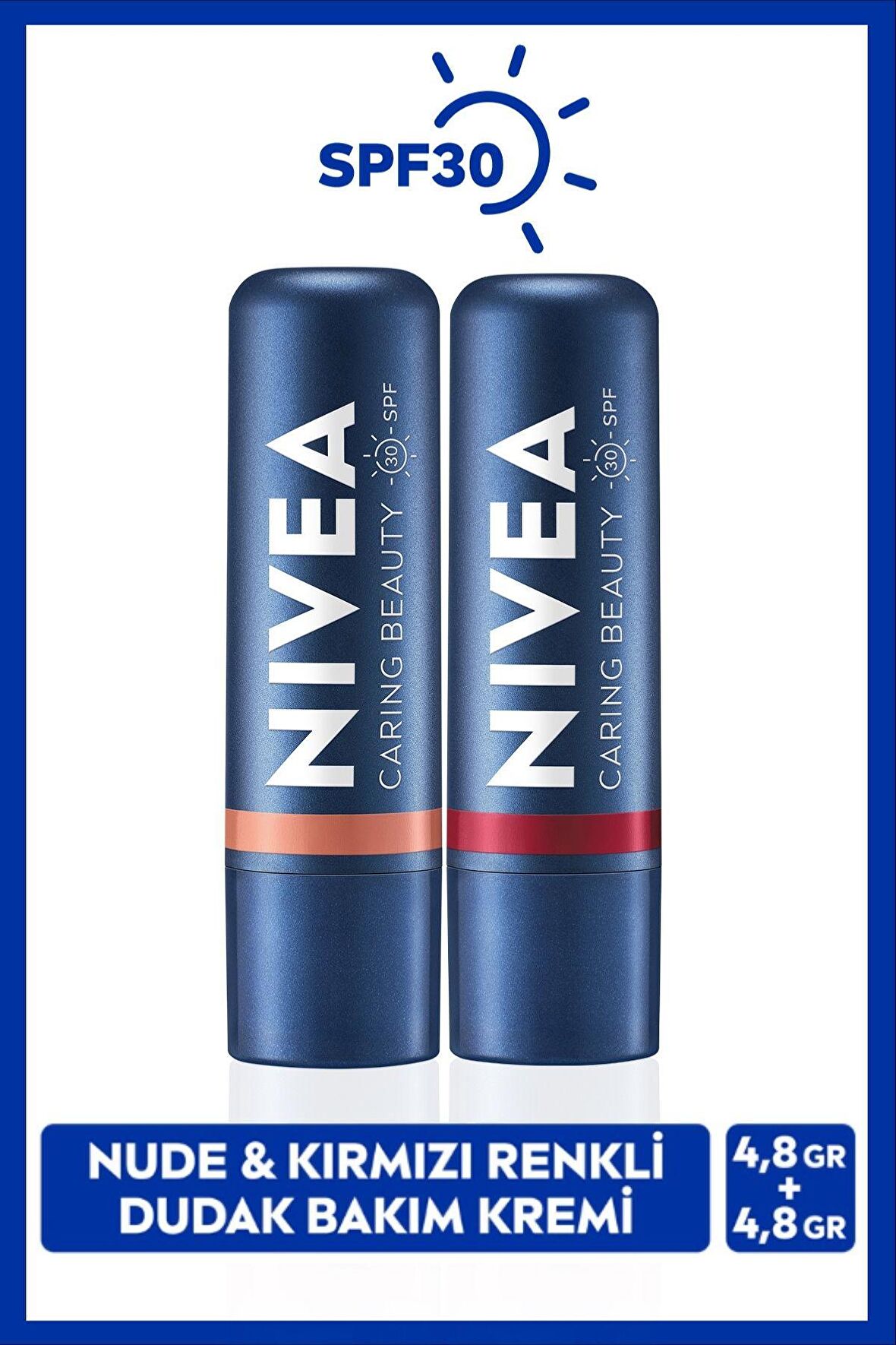 NIVEA Kırmızı Renkli Dudak Bakım Kremi ve Nude Dudak Bakım Kremi 4,8gr, SPF30, Nemlendirici, Cüzdan Hediye