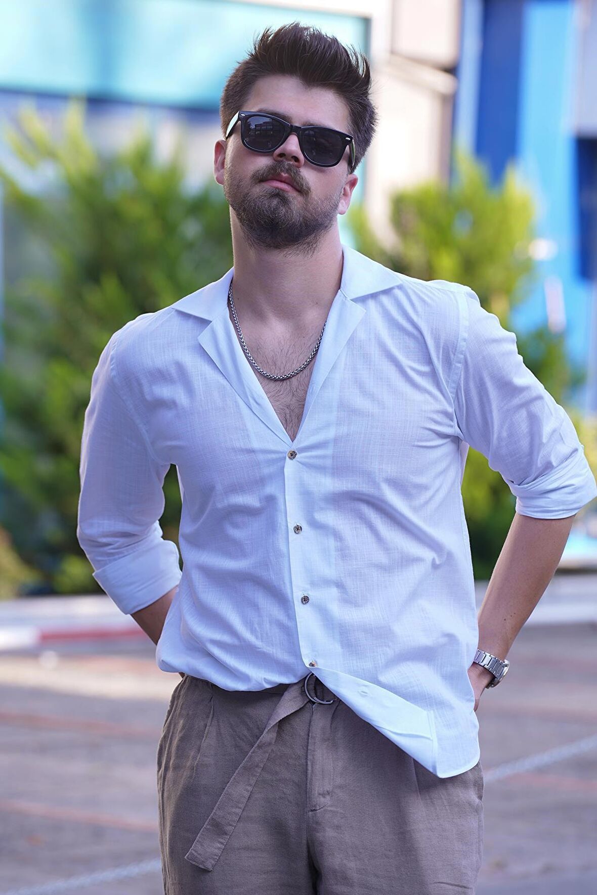 Beyaz Keten Apaj Yaka Relax Fit Erkek Gömlek