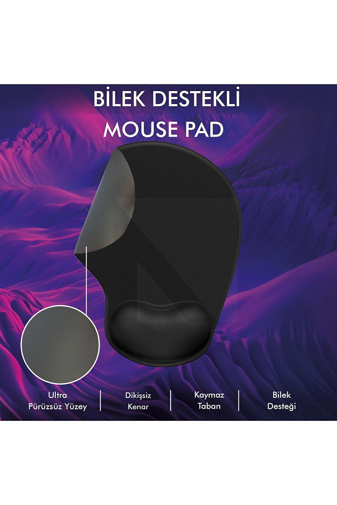 MP01 - Siyah Elips Bilek Destekli Mouse Pad | Konforlu, Kaymaz Taban, Ergonomik, Yumuşak, Ev,ofis