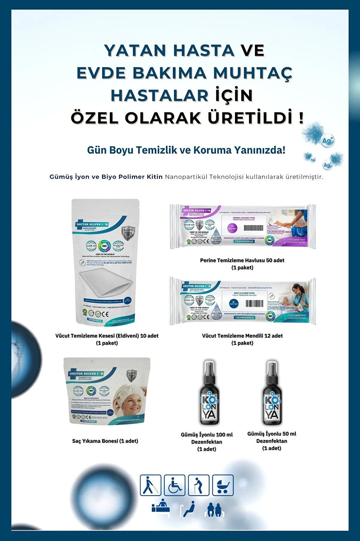 Gümüş Iyonlu Yatan Ve Evde Hasta Bakım Seti 50'li Perine Temizleme Mendili Hediyeli