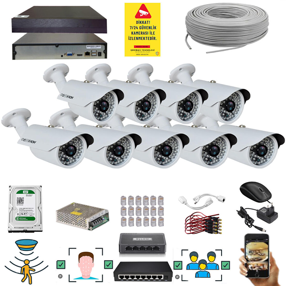 9 Kameralı Set - 5 Mp 1940P Sensör 6 Megapiksel Sony Lens Metal Kasa Ip Güvenlik Kamerası Seti