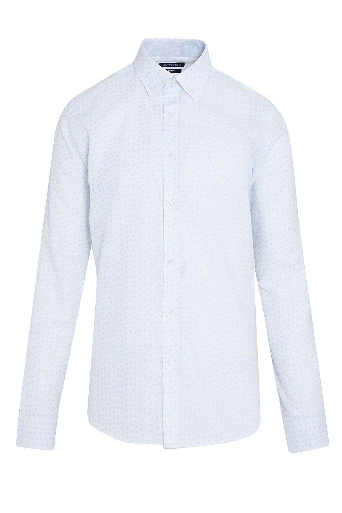 Mavi Baskılı Slim Fit Gömlek | XS