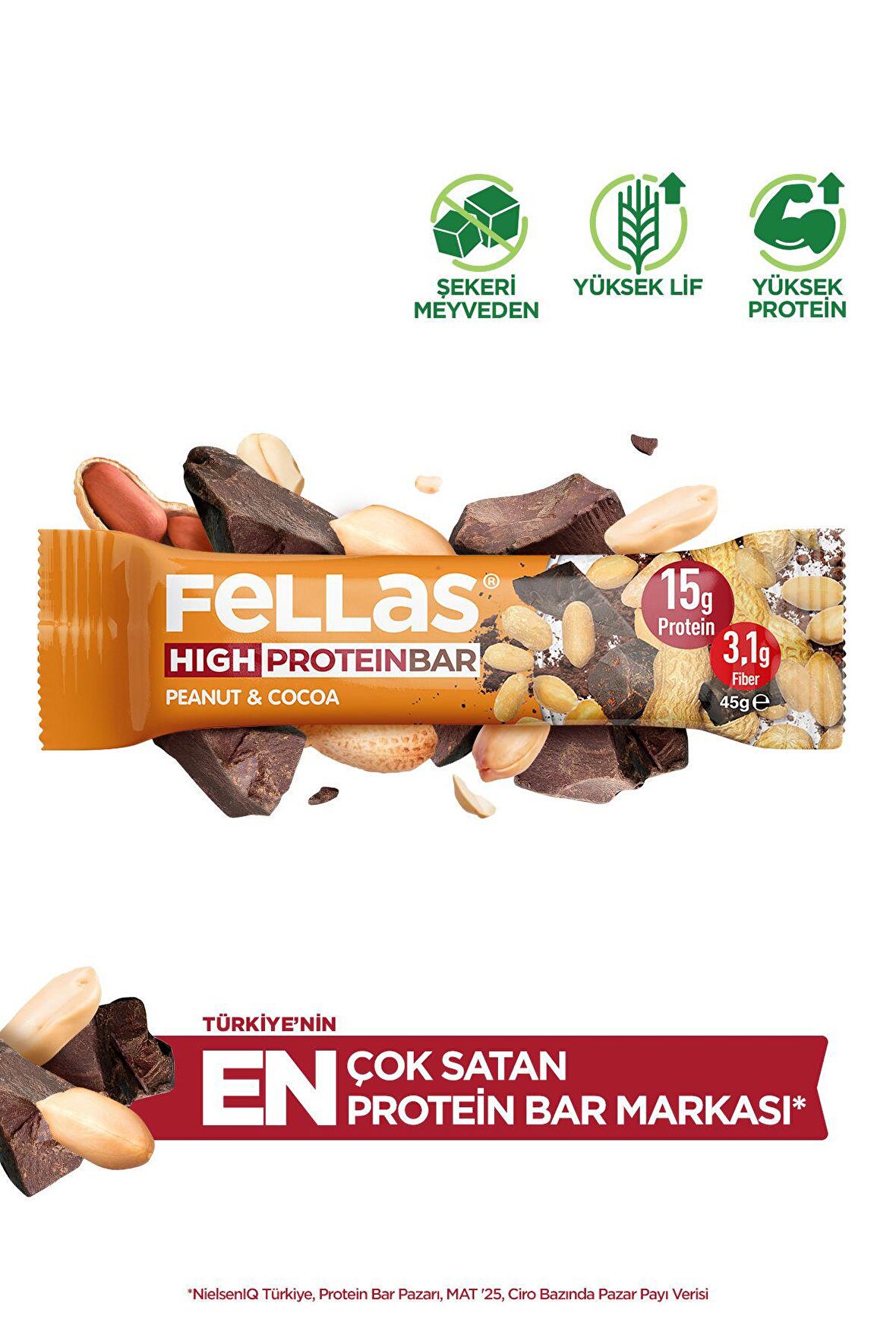Yüksek Protein Bar - Yer Fıstıklı ve Kakaolu 45 gr x 12 Adet
