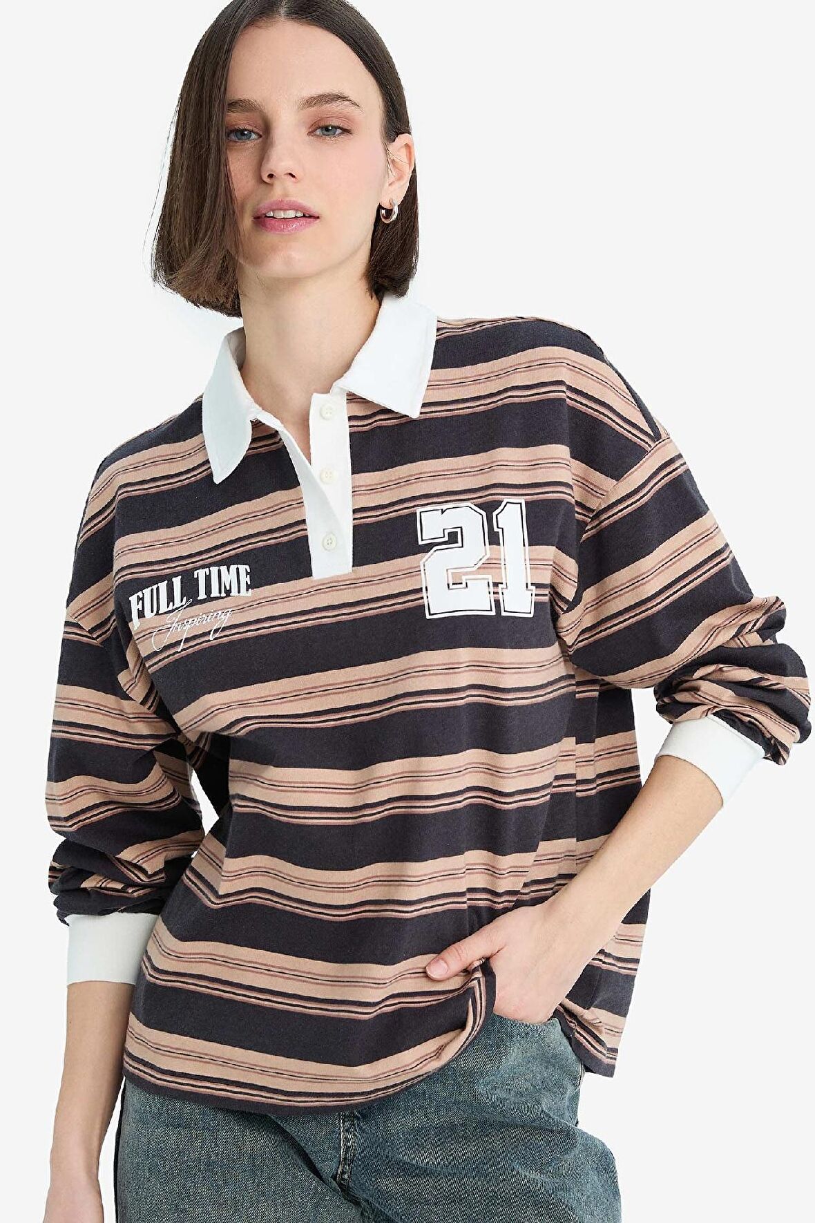Coool Loose Fit Çizgili Polo Yaka Sweatshirt