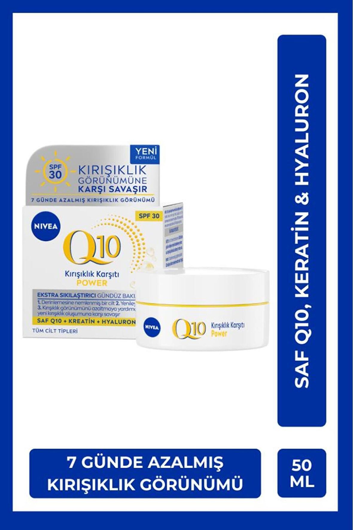 Nivea Q10 Power Kırışıklık Karşıtı Sıkılaştırıcı Gündüz Yüz Bakım Kremi 50ml, SPF30, Keratin, Hyaluron