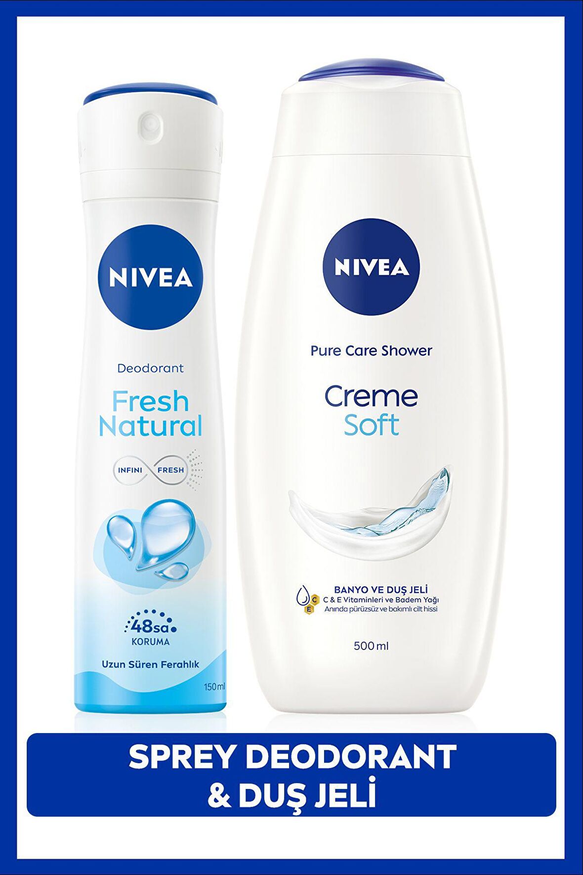 Nivea Creme Soft Banyo Ve Duş Jeli 500ml Ve Kadın Sprey Deodorant Fresh Natural 150ml, 48 Saat Ter Karşıtı
