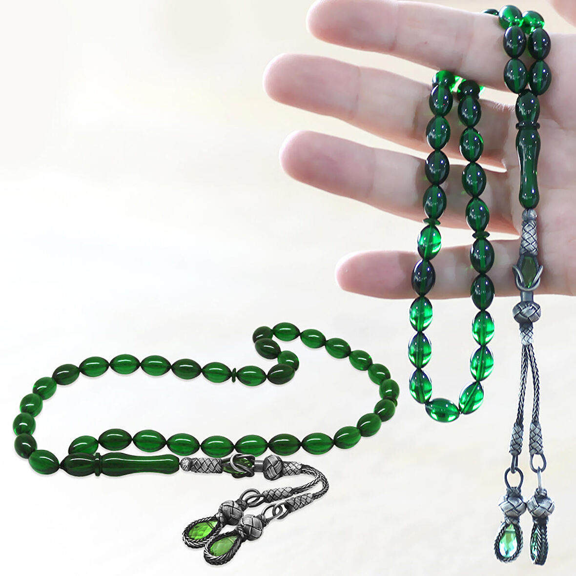  1000 Ayar Gümüş Kazaz Püsküllü Arpa Kesim Zümrüt Yeşil Ateş Kehribar Tesbih 