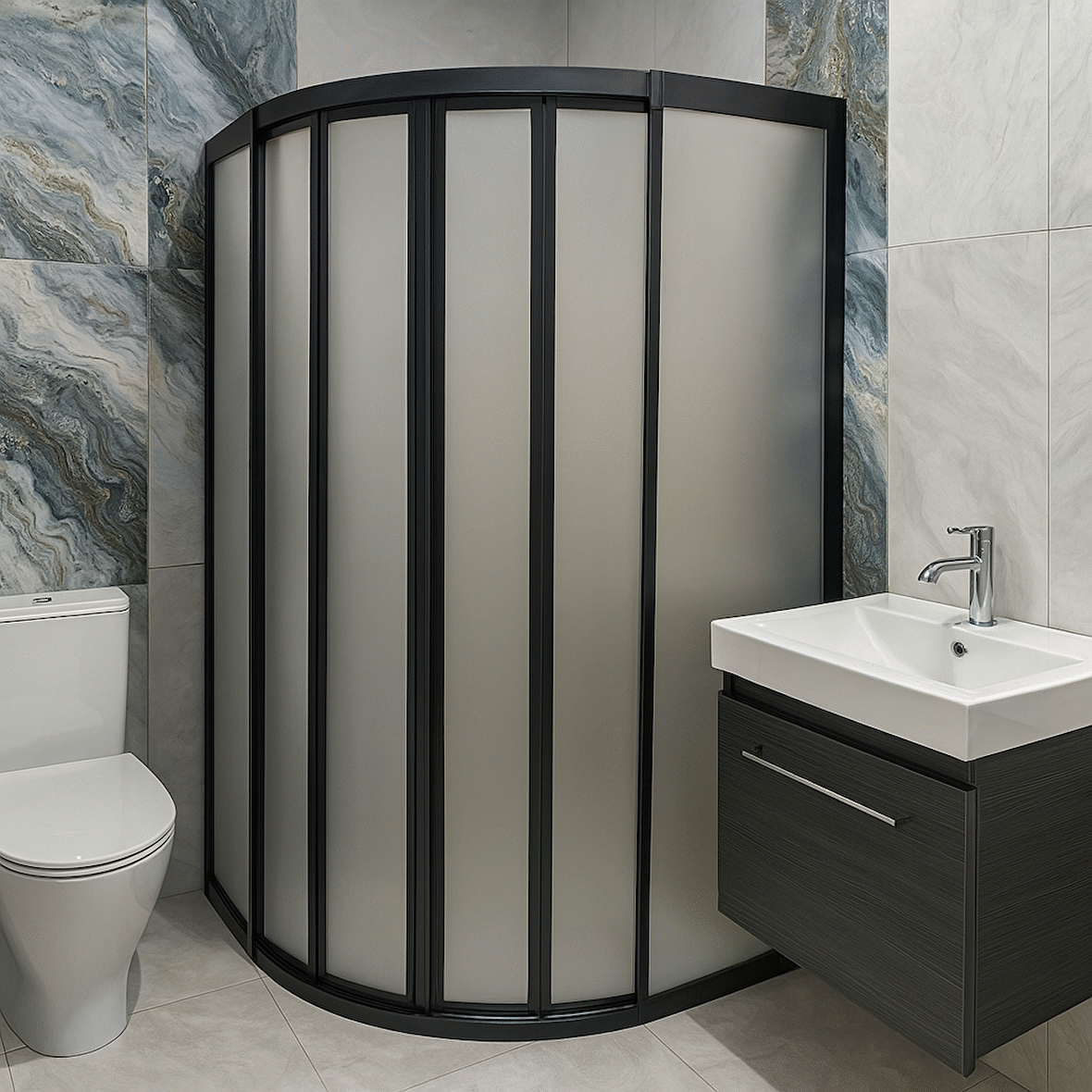 120X120 Oval Teknesiz Duşakabin Siyah Profil plastik Camlı