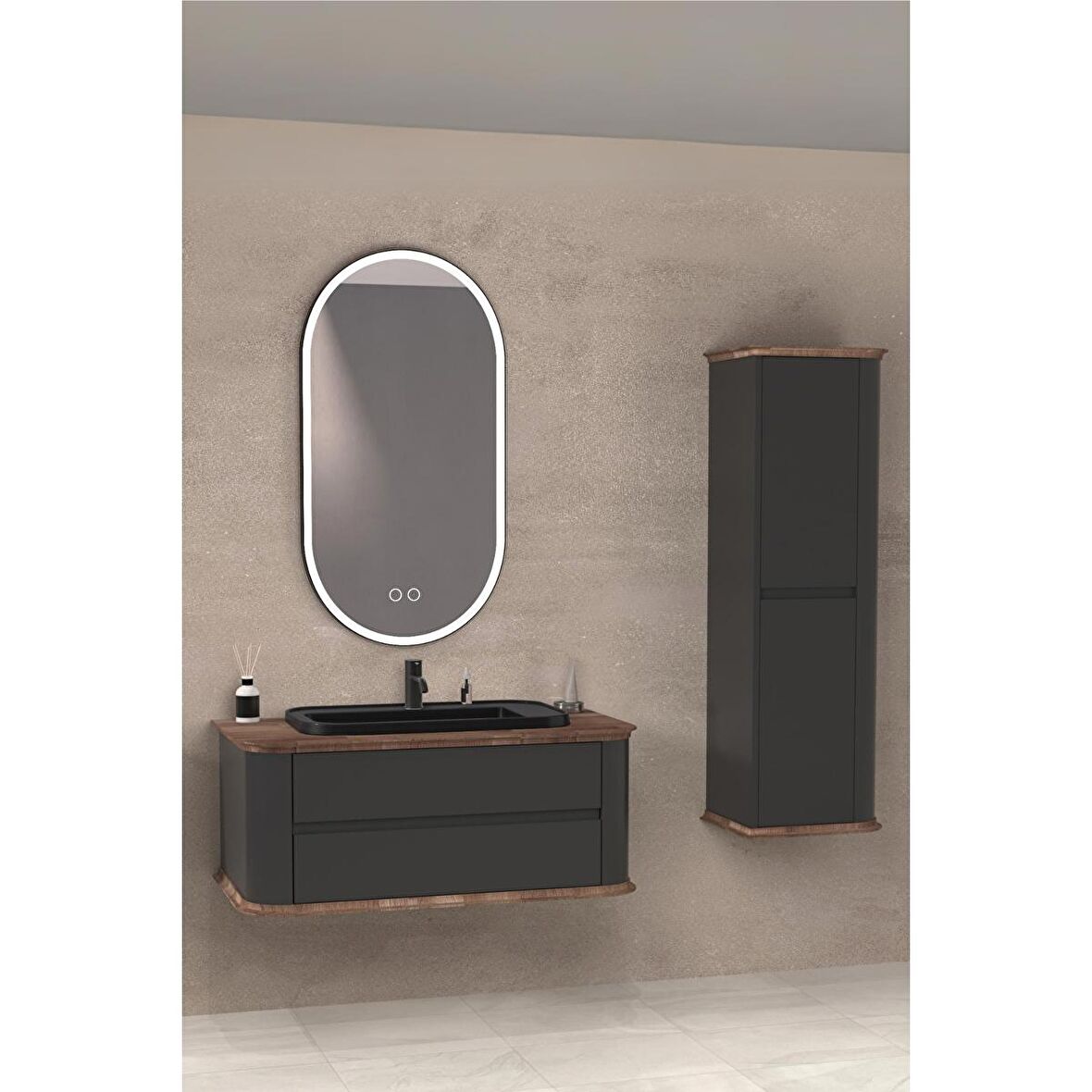 PIER 100 CM SİYAH LAVABOLU BANYO DOLABI ANTRASİT / KAYIN - BOY DOLAP DAHİL