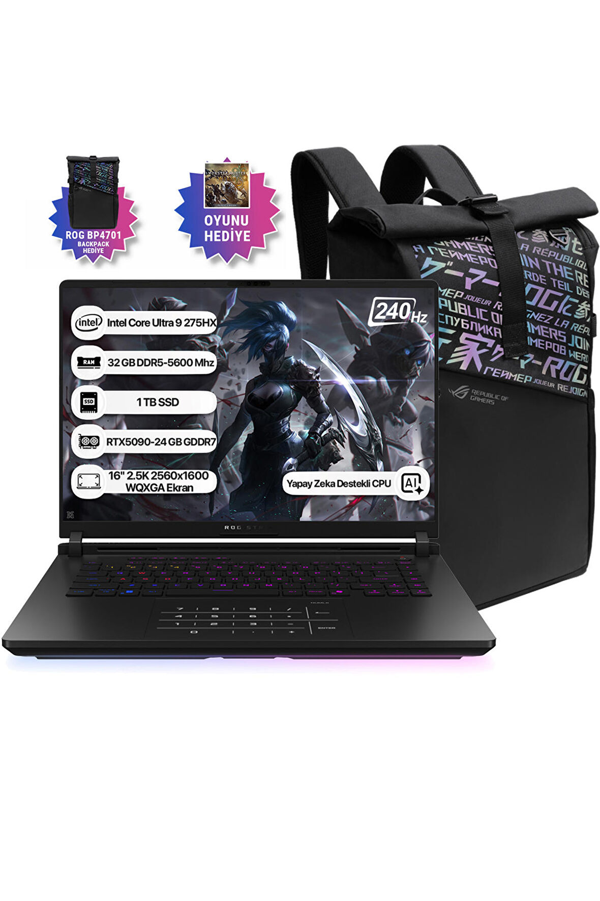 Asus Rog Strix Scar 16 G635LX-RW144 Intel Core Ultra 9 275HX NPU 13 TOPS 32GB 1TB SSD RTX5090-24GB Freedos 16" 2.5K 240Hz WQXGA Taşınabilir Bilgisayar