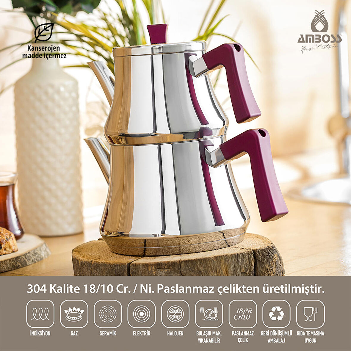 Amboss ruby çaydanlık takımı - paslanmaz çelik çaydanlık 4639