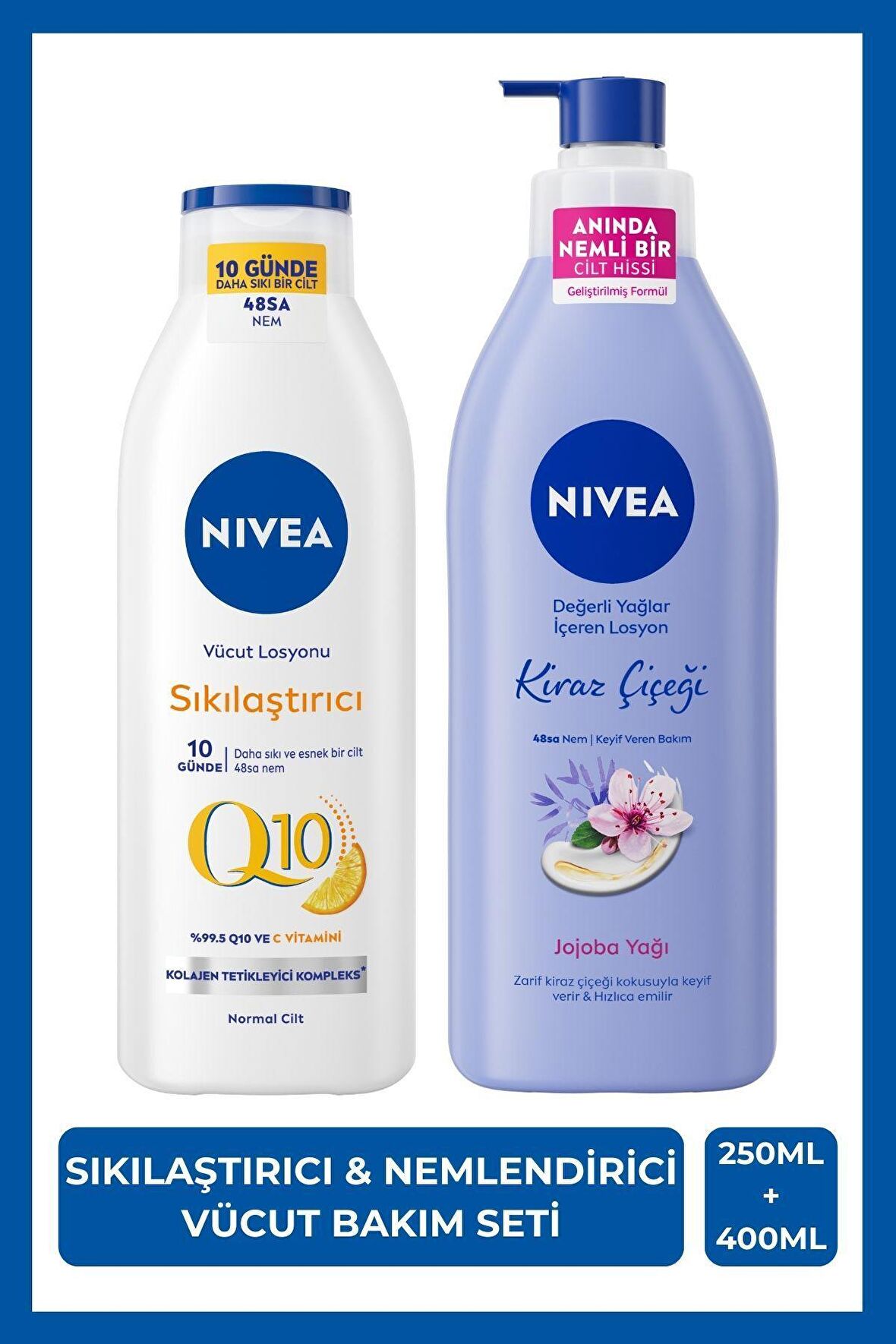 Nivea Q10 Sıkılaştırıcı C Vitamini Vücut Losyonu 250ml ve Kiraz Çiçeği Vücut Losyonu 400ml, Nemlendirici