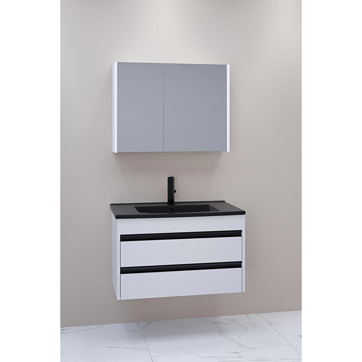 Levante 85 Cm Siyah Lavabolu Banyo Dolabı Bgn Aynalı - Boy Dolap Hariç