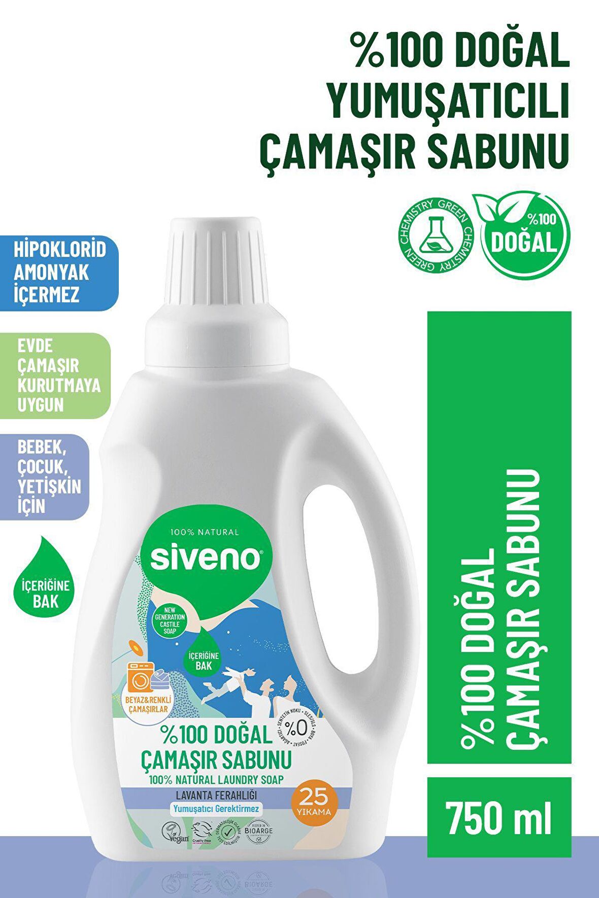 Siveno %100 Doğal Çamaşır Sabunu %100 Bitkisel Deterjan Kendinden Yumuşatıcılı Konsantre Vegan 750 ml