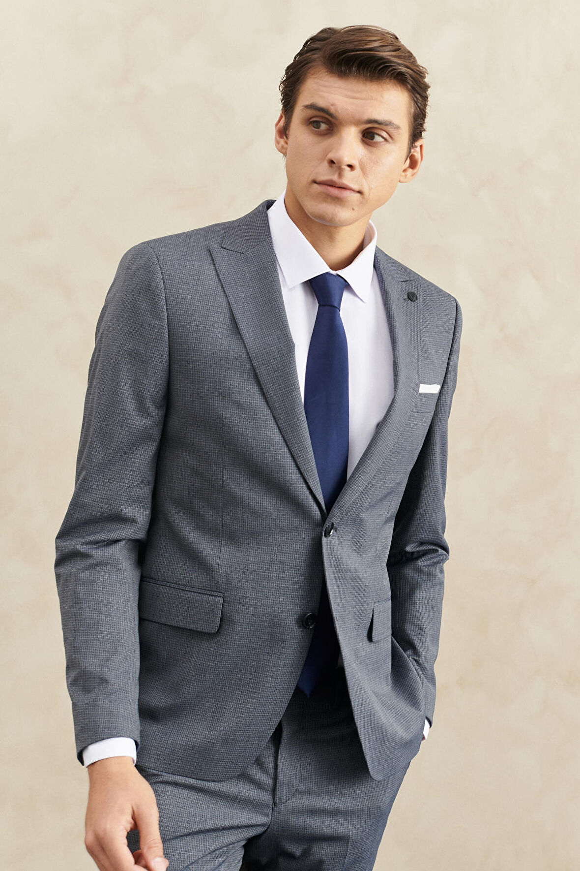 Erkek Lacivert-gri Ekstra Slim Fit Dar Kesim Kırlangıç Yaka Kareli Klasik Takım Elbise