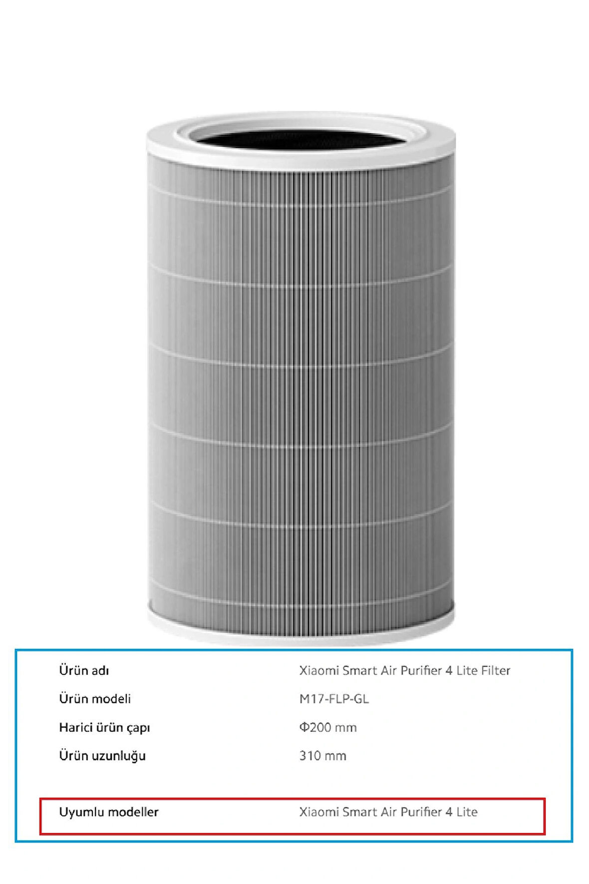 Xiaomi Smart Mi Air Purifier 4 Lite  model AC-M17-SC Uyumlu Hepa Filtre Yedek
