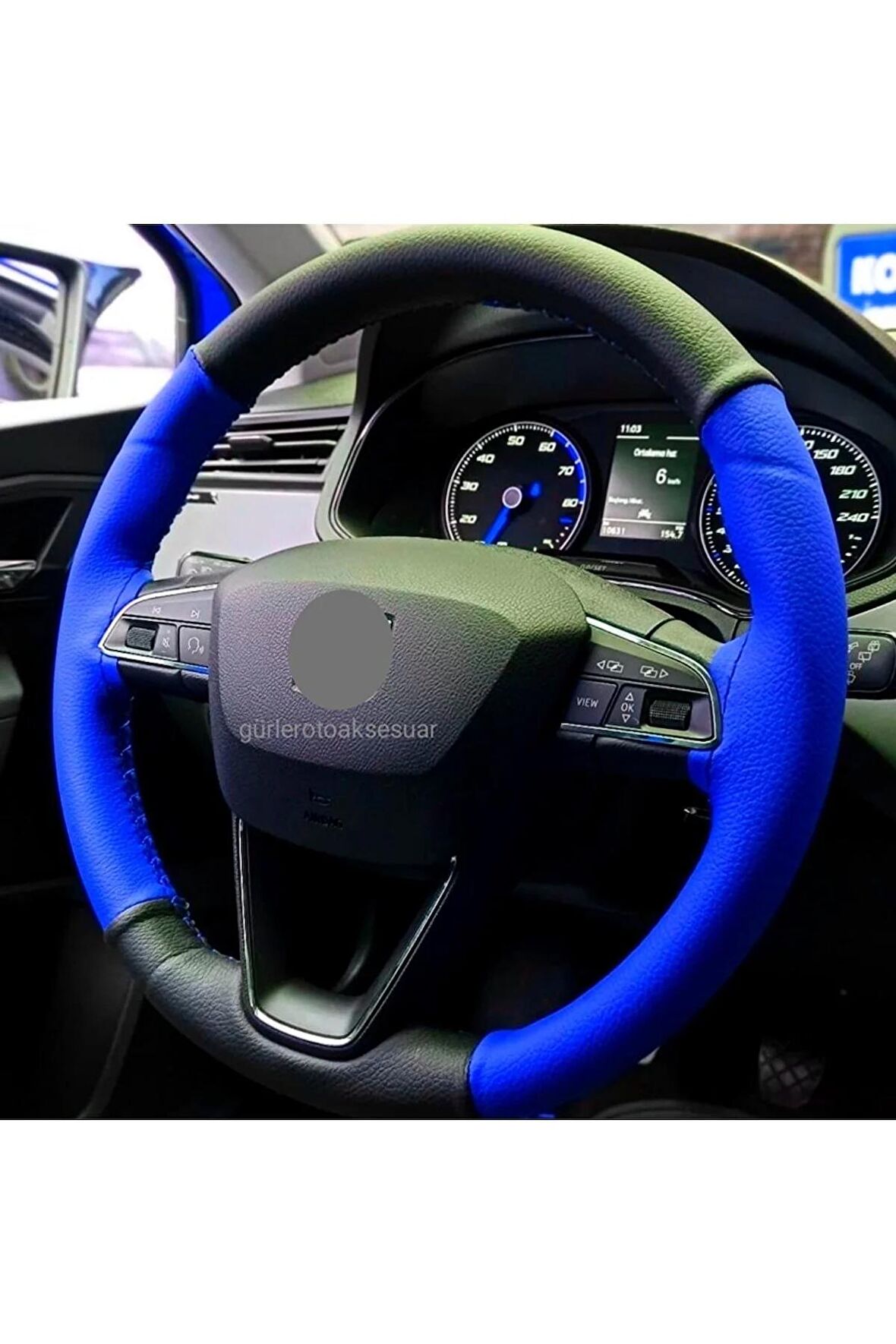 Ford Focus 3 Uyumlu Deri Dikmeli Direksiyon Kılıfı Iki Renkli Mavi Siyah 4parçalı