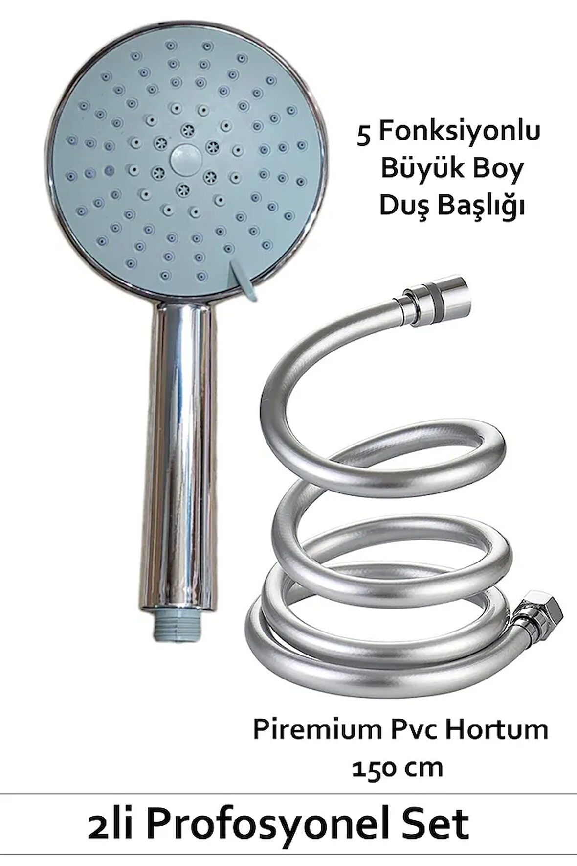 5 Fonksiyonlu Büyük Boy Duş Başlığı & Pvc Süper sağlam 150 cm Hortum Duş Seti