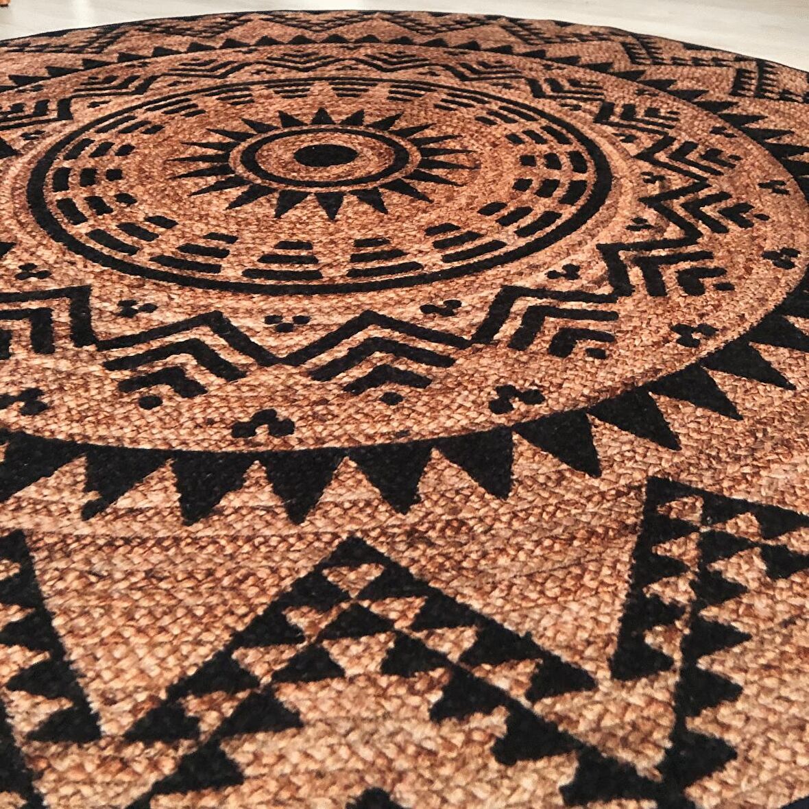 Mandala Etnik Desen Hasır Görünüm Dijital Baskı Kaymaz Taban Yıkanabilir Kilim