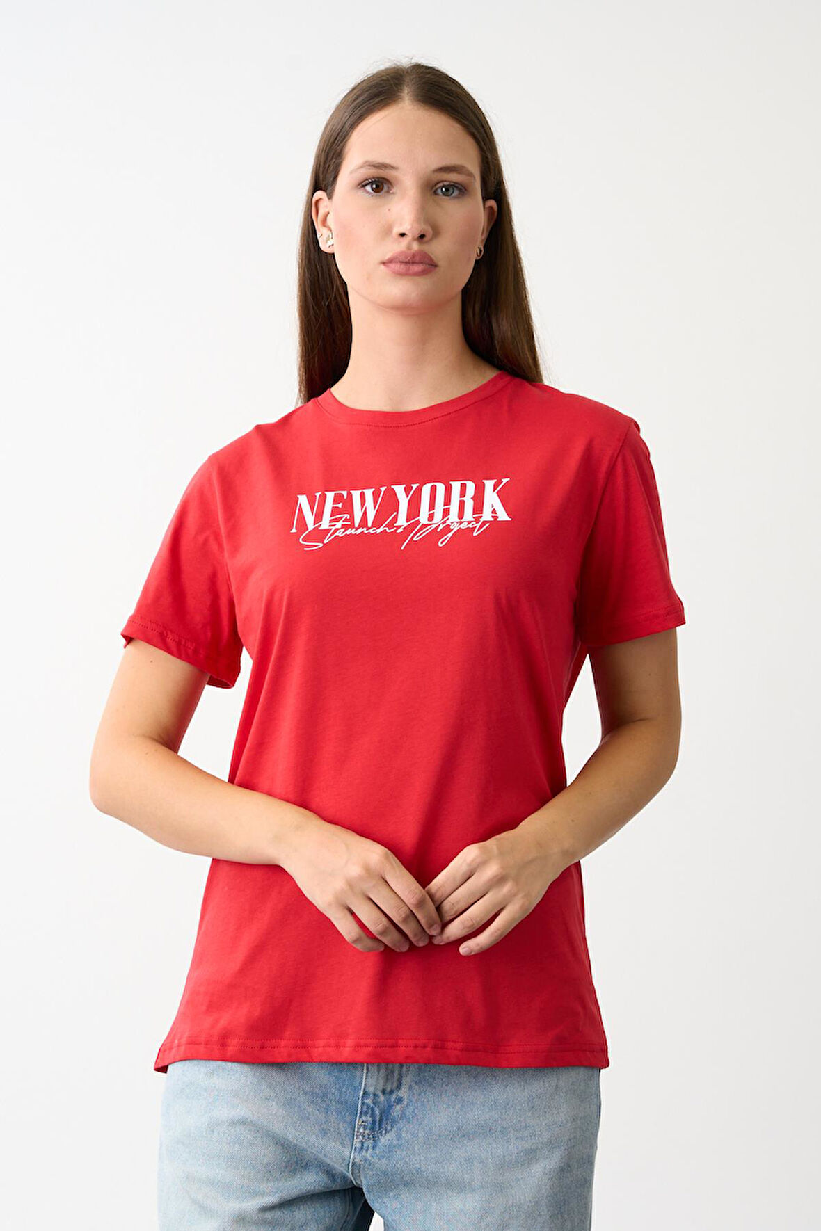 Oversize Geniş Kalıp Bisiklet Yaka Baskılı T-Shirt
