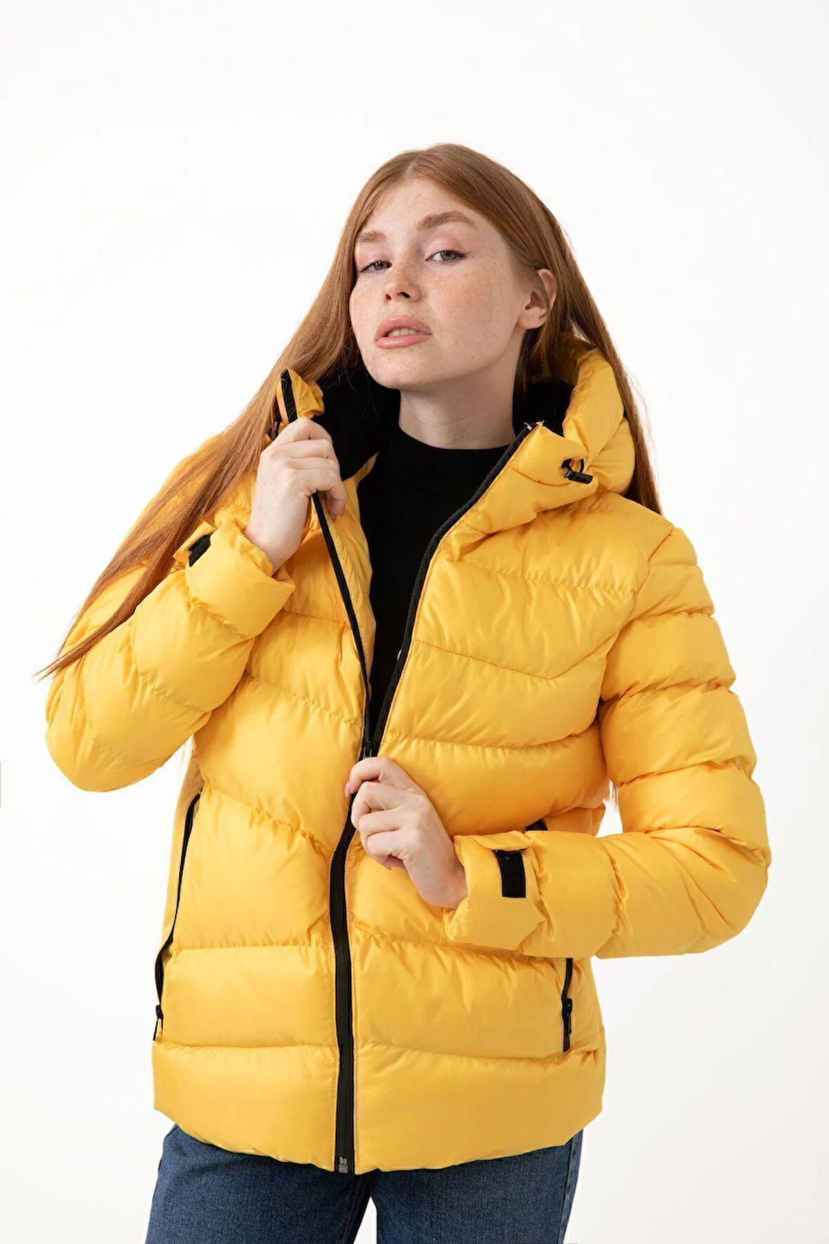 Kadın Kapüşonlu Polarlı Su Geçirmez Rüzgara Dayanıklı Şişme Mont & Kaban & Parka