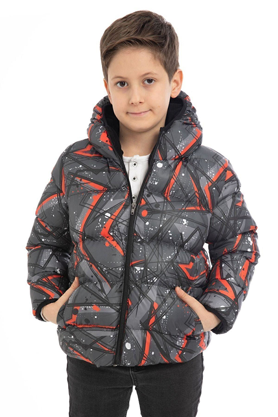 Erkek Çocuk Pusula Desen Polar Su ve Rüzgar Geçirmez Kapüşonlu Cepli Şişme Kışlık Mont