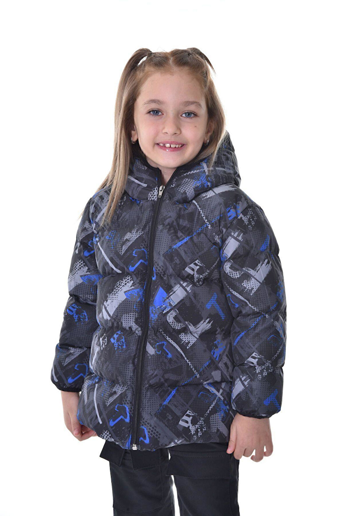 Kız ÇocukDijital Desen Polar Su ve Rüzgar Geçirmez Kapüşonlu Şişme Kışlık Mont