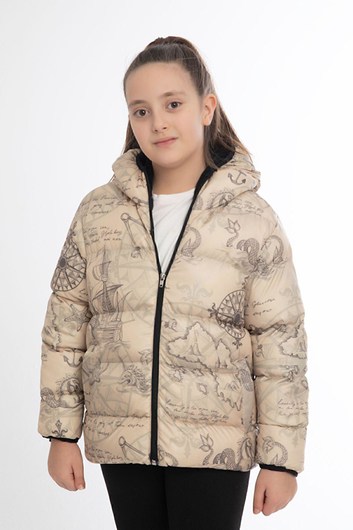 Kız Çocuk Kar Tanesi Desen Polar Su ve Rüzgar Geçirmez Kapüşonlu Cepli Şişme Kışlık Mont