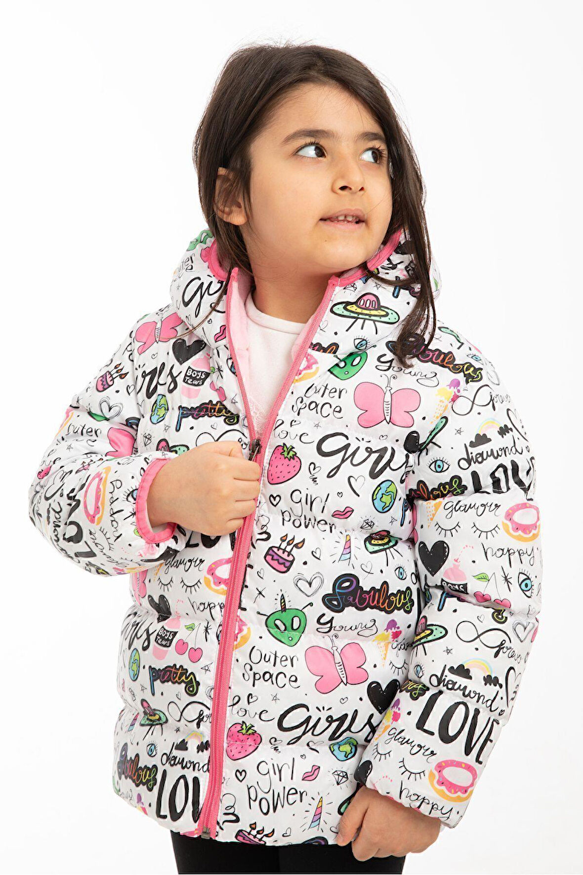 Kız Çocuk Polarlı Kapüşonlu Girls Yazılı Kelebek Desenli Kışlık Şişme Mont & Kaban & Parka