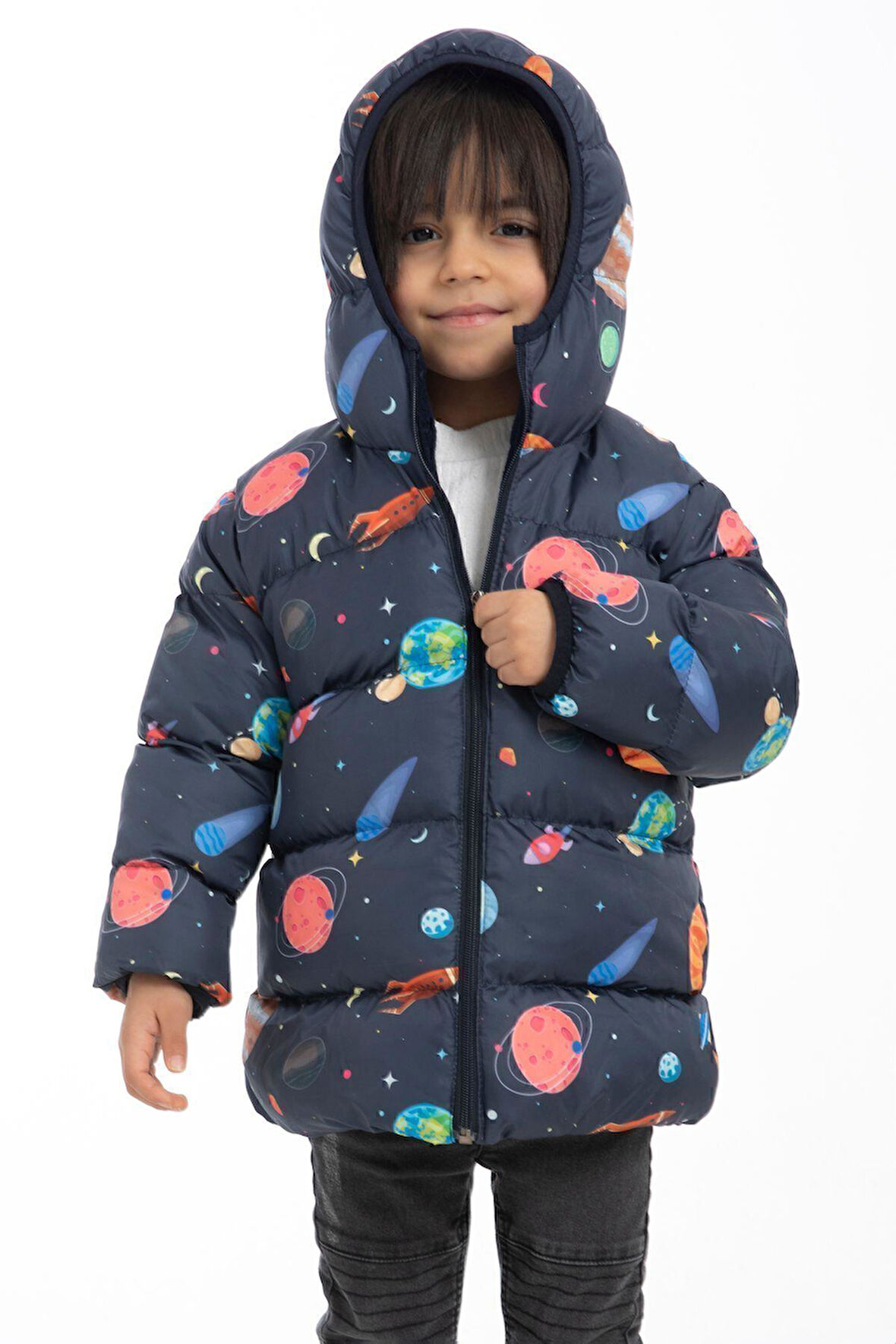 Erkek Çocuk Polarlı Kapüşonlu Gezegen Yıldız Desenli Kışlık Şişme Mont & Kaban & Parka