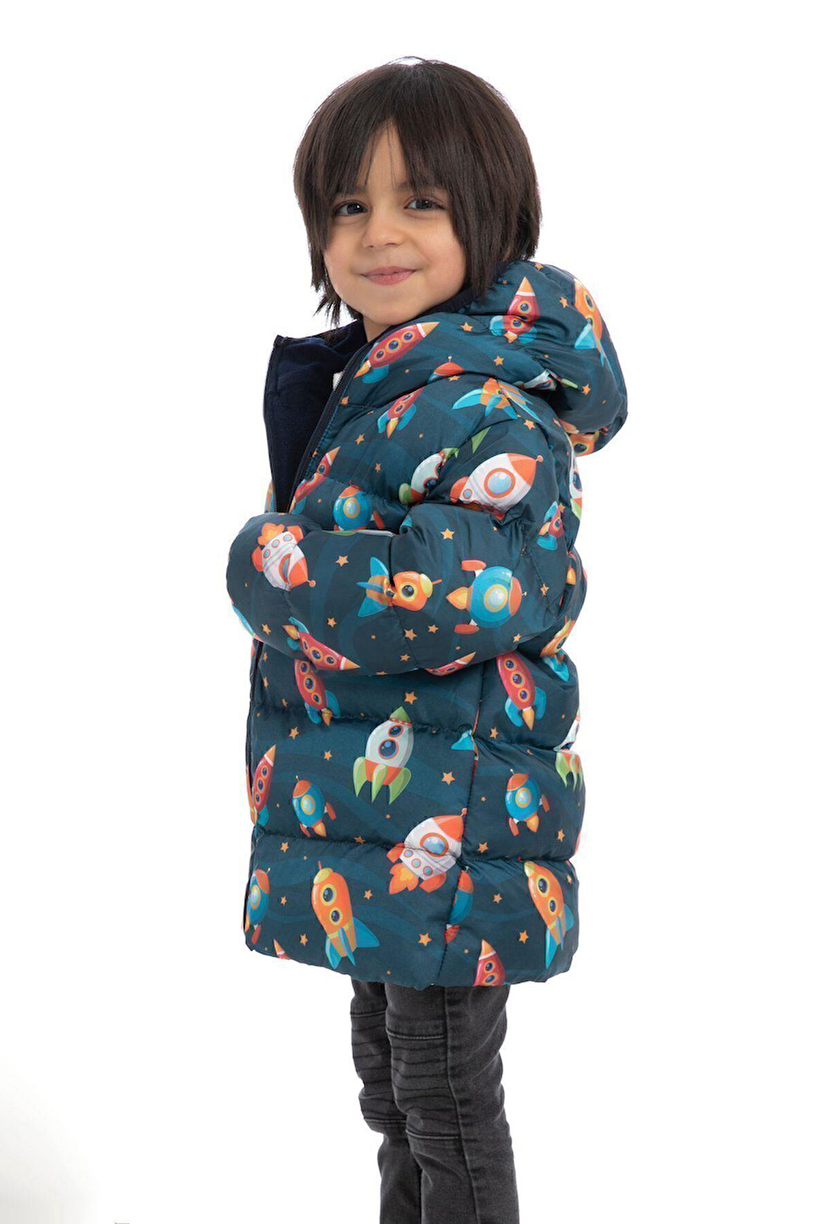 Erkek Çocuk Polarlı Kapüşonlu Roket Desenli Kışlık Şişme Mont & Kaban & Parka