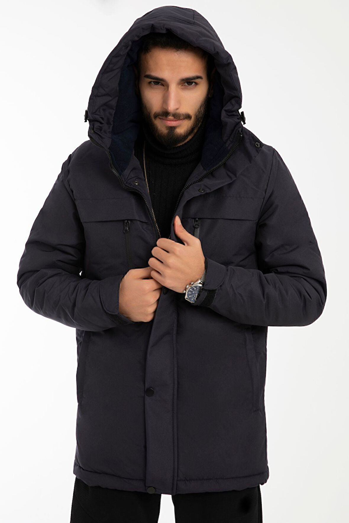 Erkek Polarlı Su Ve Rüzgar Geçirmez Kapüşonlu Kışlık Mont Kaban Parka