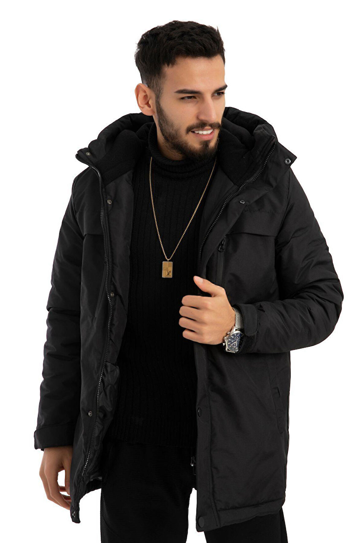 Erkek Polarlı Su Ve Rüzgar Geçirmez Kapüşonlu Kışlık Mont Kaban Parka