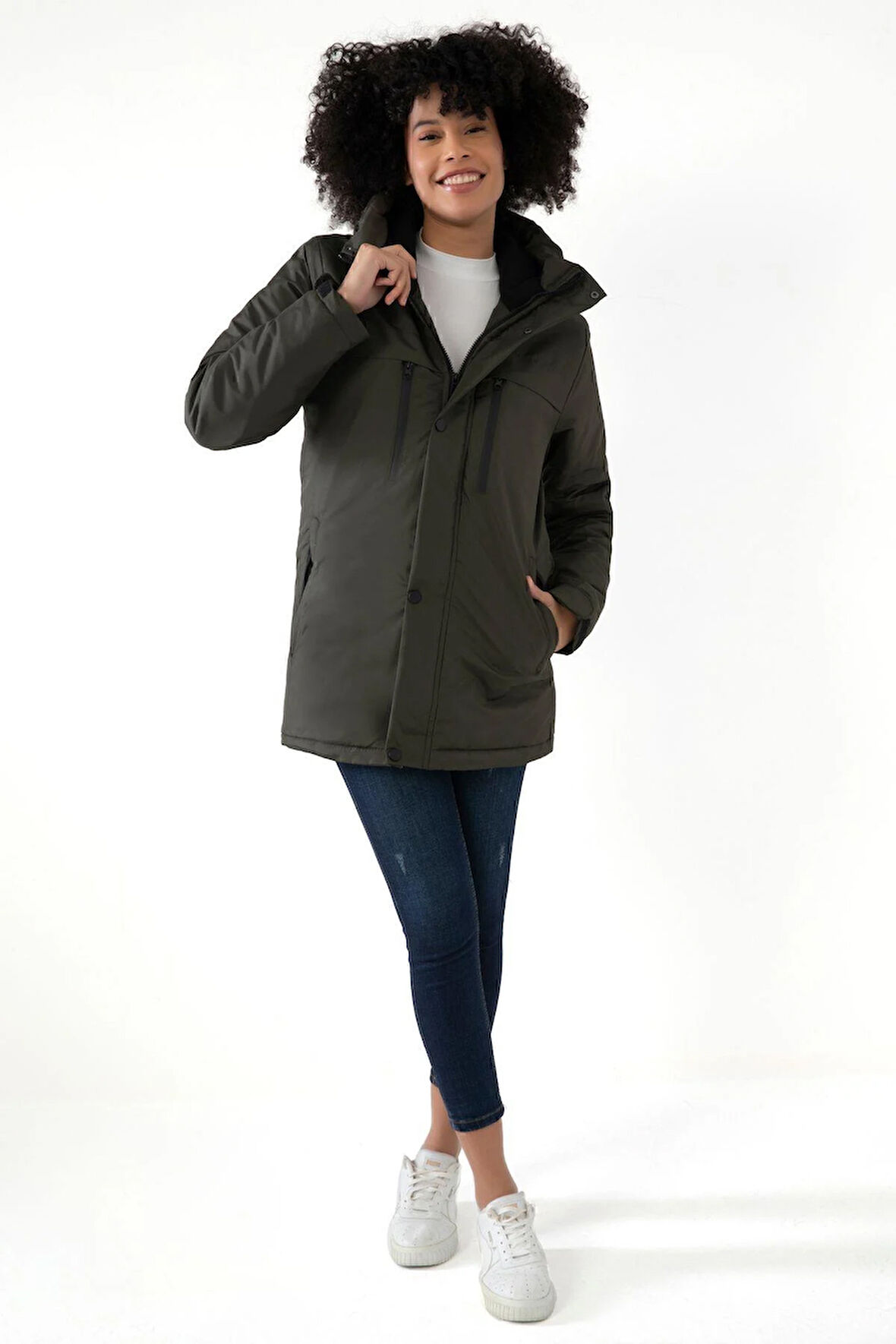 Kadın Polarlı Su Ve Rüzgar Geçirmez Kapüşonlu Kışlık Mont Kaban Parka
