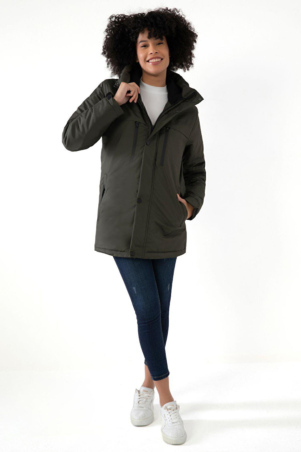 Kadın Polarlı Su Ve Rüzgar Geçirmez Kapüşonlu Kışlık Mont Kaban Parka