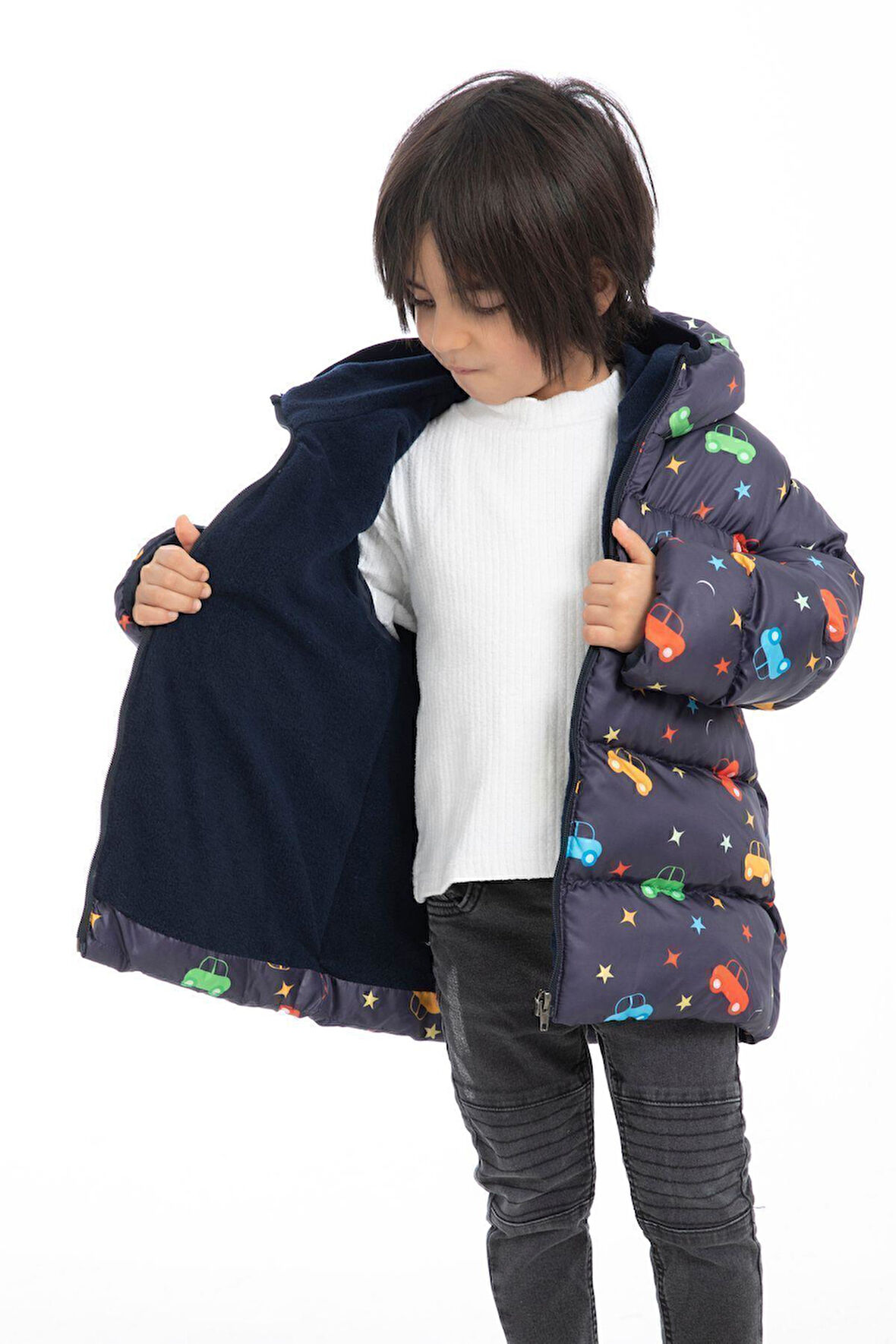 Erkek Çocuk Polarlı Kapüşonlu Araba Yıldız Ay Desenli Kışlık Şişme Mont & Kaban