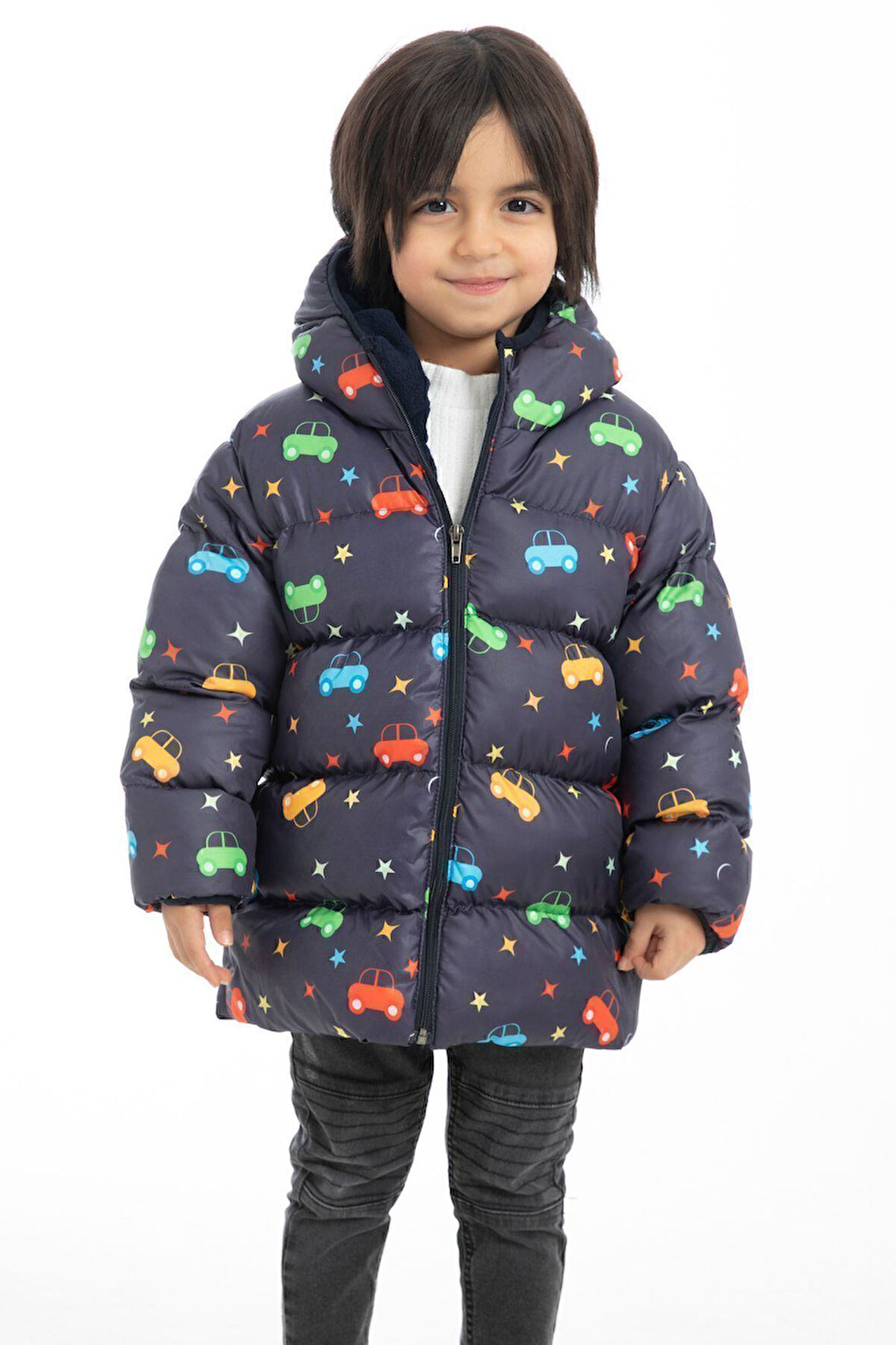 Erkek Çocuk Polarlı Kapüşonlu Araba Yıldız Ay Desenli Kışlık Şişme Mont & Kaban