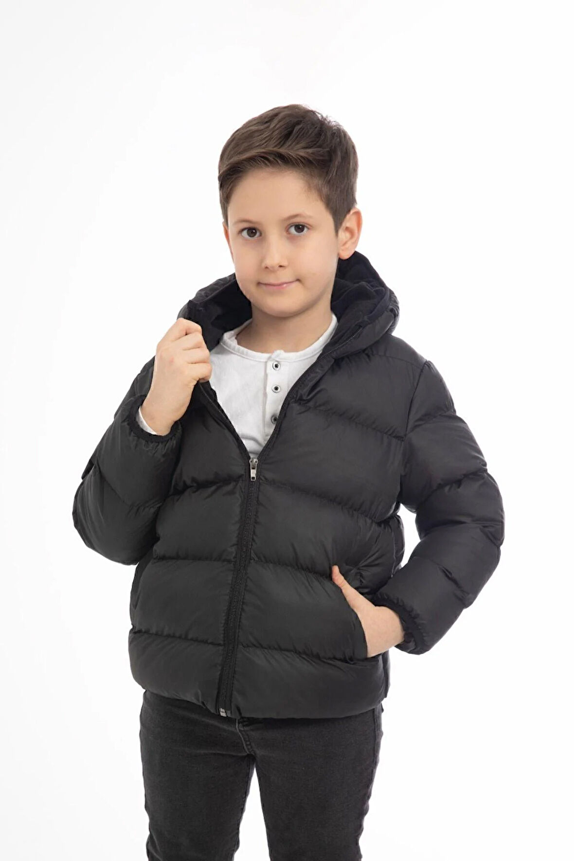 Erkek Çocuk Polarlı Kapüşonlu Su Geçirmez Rüzgara Dayanıklı Cepli Şişme Kışlık Mont