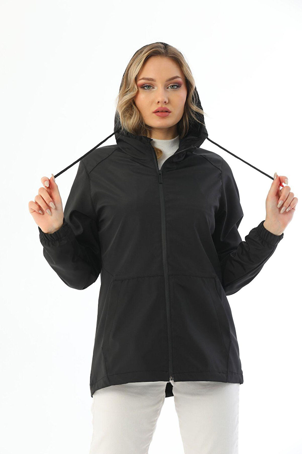 Kadın Astarlı Su Geçirmez Ve Rüzgara Dayanıklı Kapüşonlu Cepli Yağmurluk - Rüzgarlık