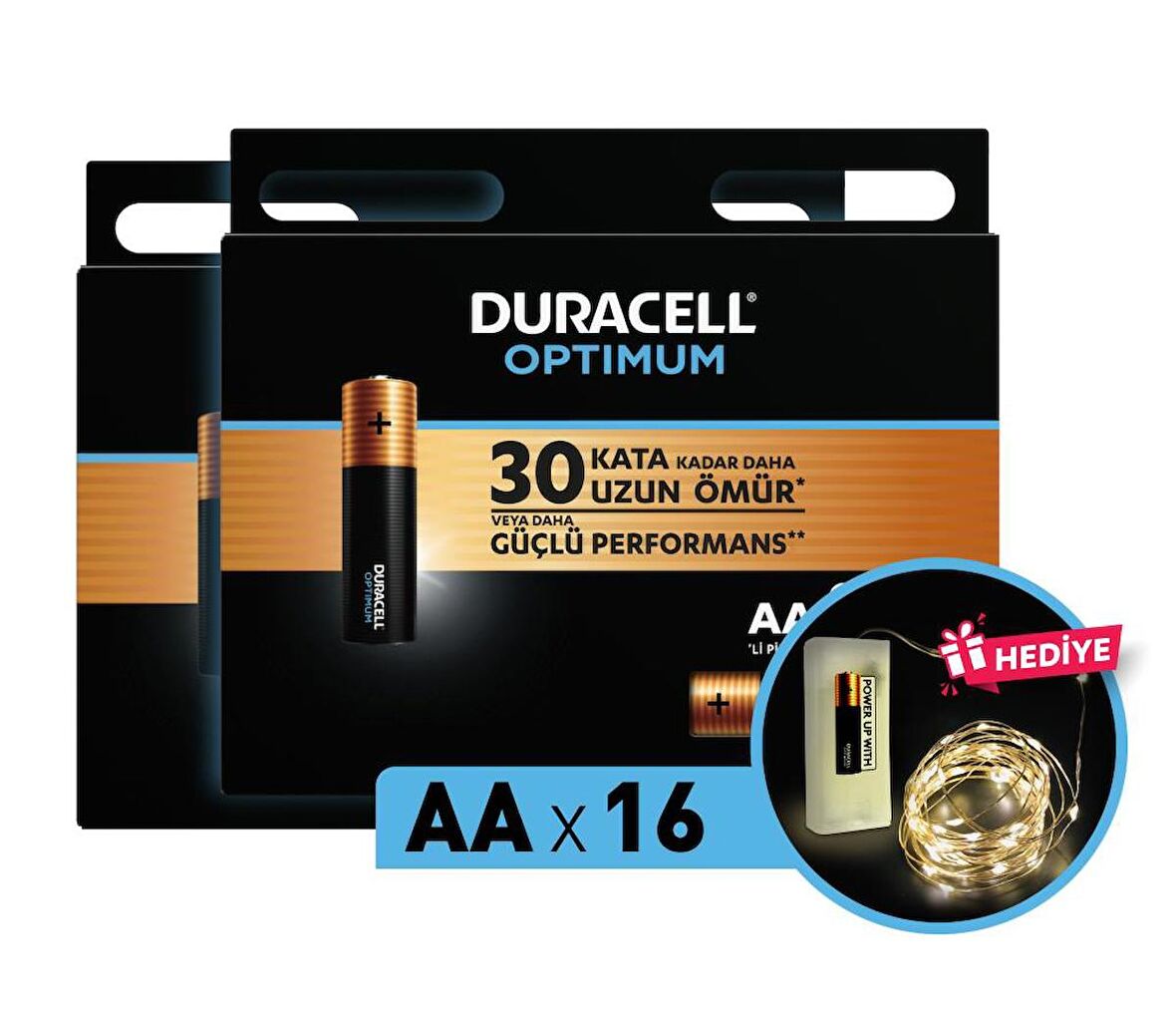 Duracell Optimum AA Alkalin Pil, 1,5 V LR6 MN1500, 16’lı paket ve Led Işık