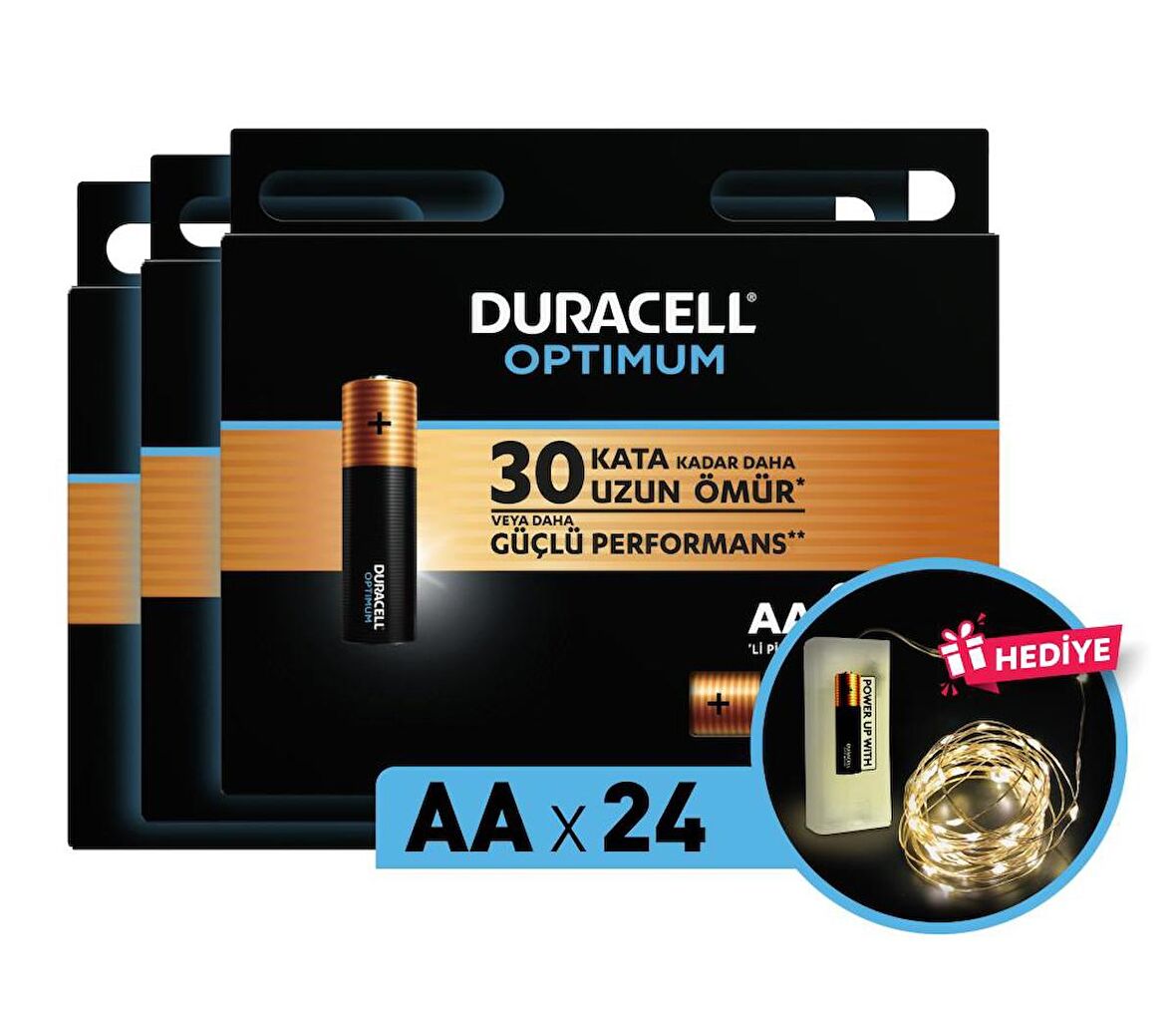 Duracell Optimum AA Alkalin Pil, 1,5 V LR6 MN1500, 24'lü paket ve Led Işık