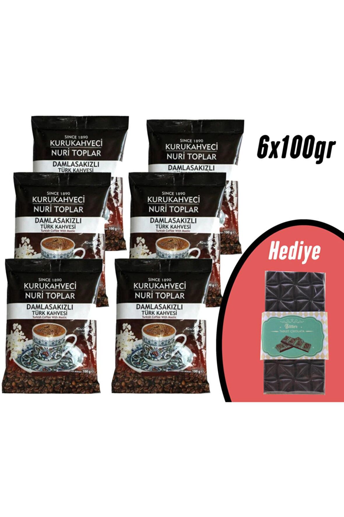 Nuri Toplar 6 Adet Damla Sakızlı Türk Kahvesi 6x100 gr (100 GR BİTTER ÇİKOLATA HEDİYE)
