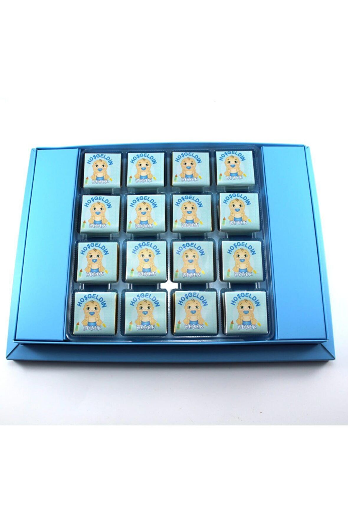 Dark Brown Hoşgeldin Bebek Çikolatası 48 Madlen ve Badem Drajeli Erkek Bebek Doğum Hediyesi