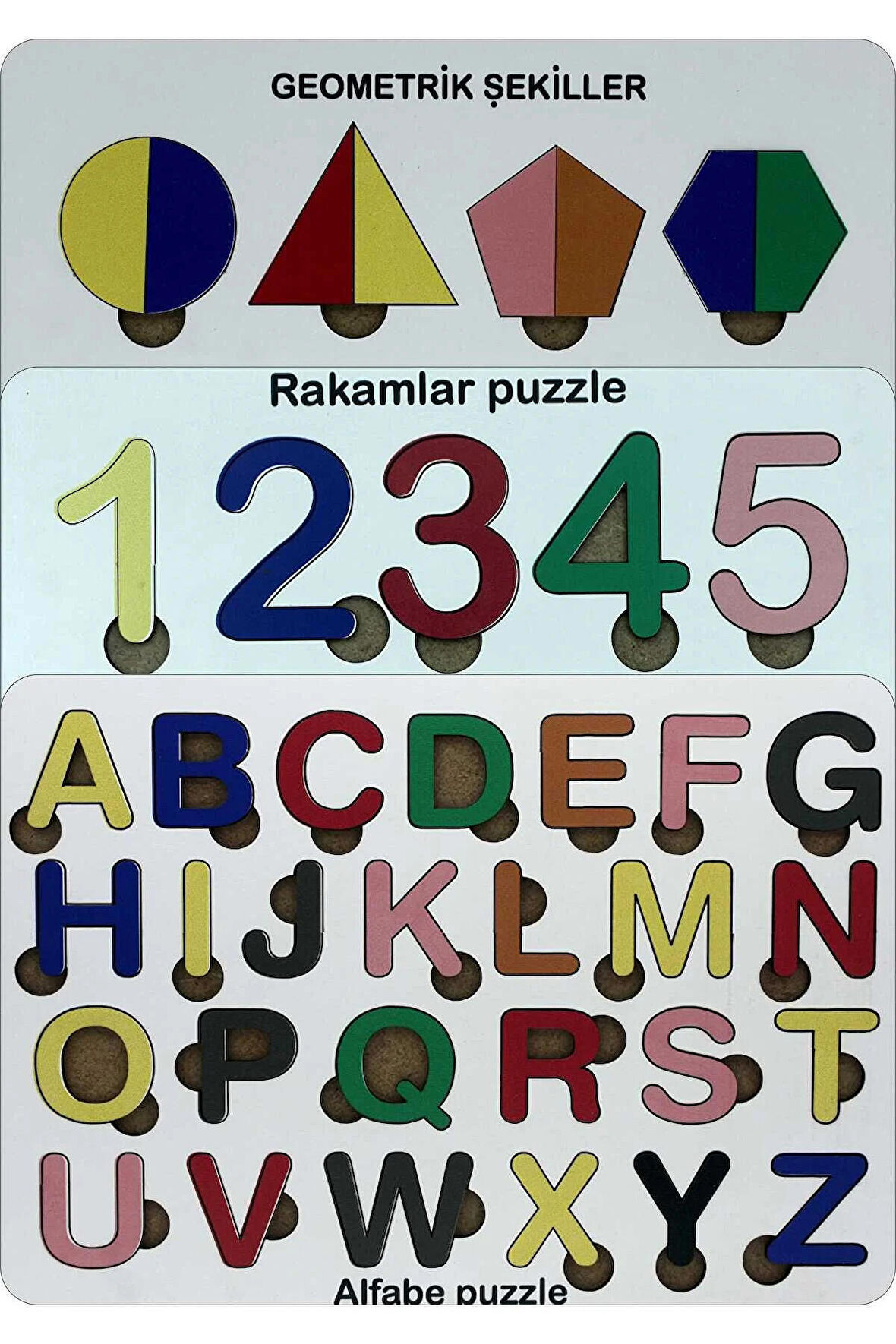 Ahşap Puzzle Alfabe Set 3'ü 1 Arada Alfabe-geometri-sayılar Sök-tak