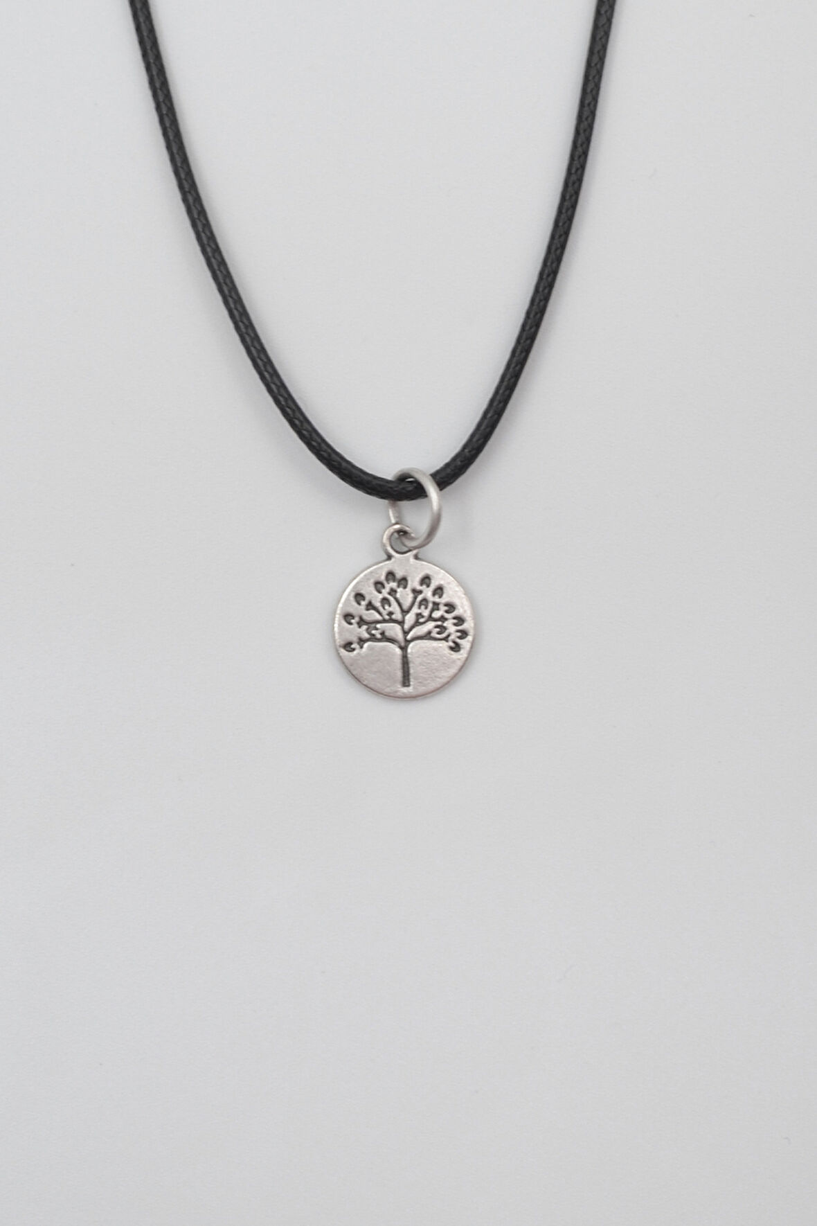Yuvarlak Hayat Ağacı Siyah Deri İp Kolye - Antik Gümüş Kaplama - Kadın Erkek - 60 cm