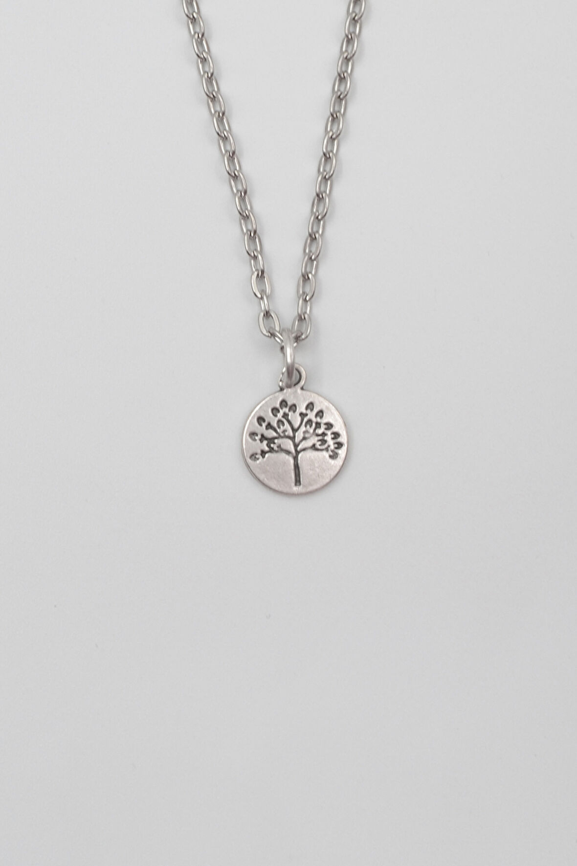 Yuvarlak Hayat Ağacı Düz Ezme Zincir Kolye - Antik Gümüş Kaplama - Kadın Erkek - 60 cm