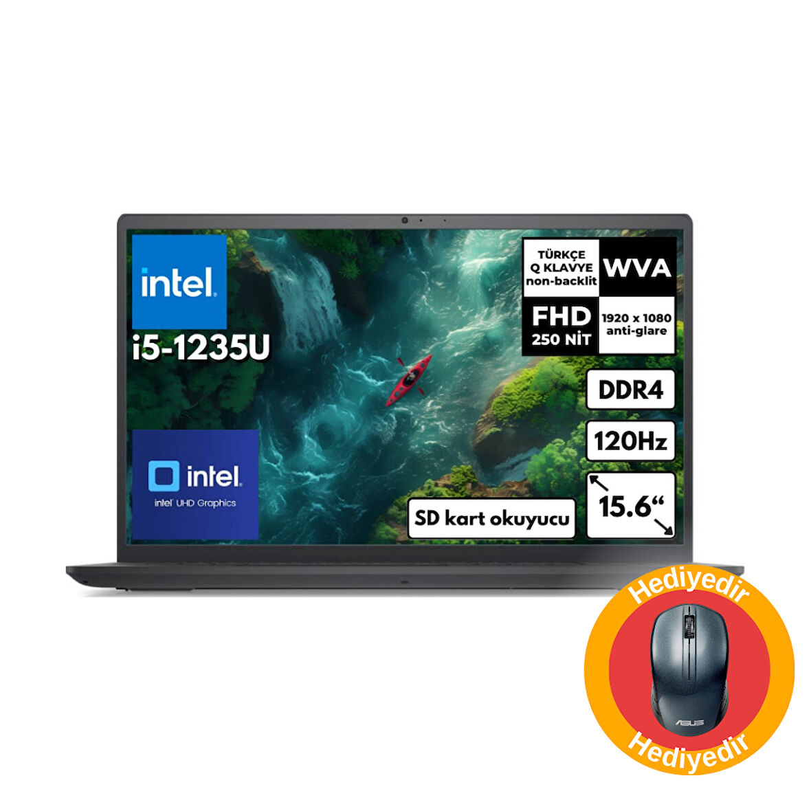 Dell Inspiron 3520 i5-1235U 64 GB 1 TBSSD 15.6" Intel UHD Graphics 120Hz FHD Freedos+ WT200 Mouse I352010030U_WT200 BT21