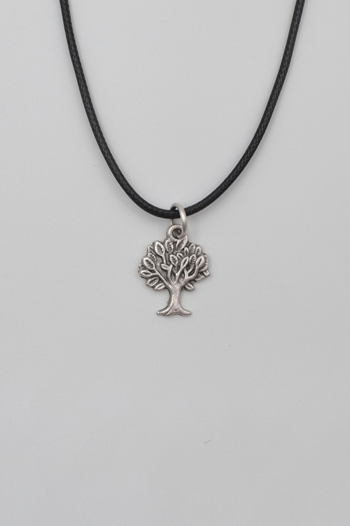 Hayat Ağacı Siyah Deri İp Kolye - Antik Gümüş Kaplama - Kadın Erkek - 60 cm